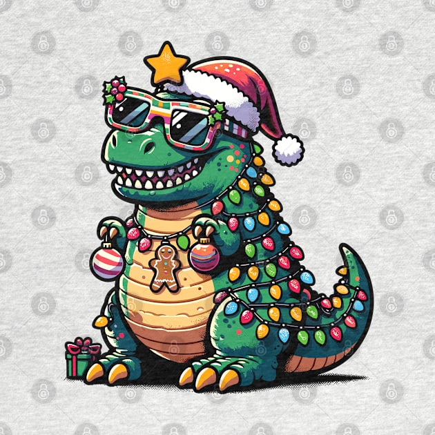 Tree-Rex Holiday Dinosaur - Christmas Tree T-Rex TreeRex Pun with Santa Hat, Lights and Ornaments by Lunatic Bear